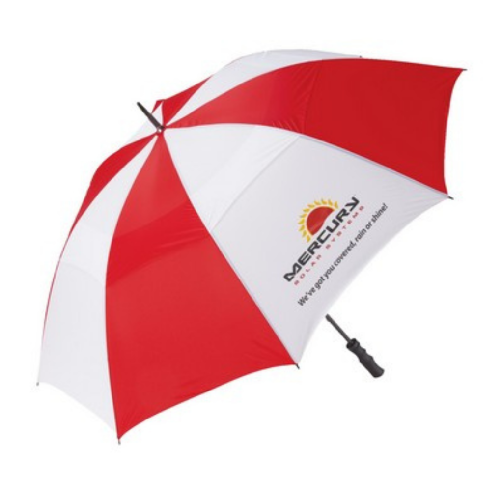 Branded red and white golf umbrella for giveaway item