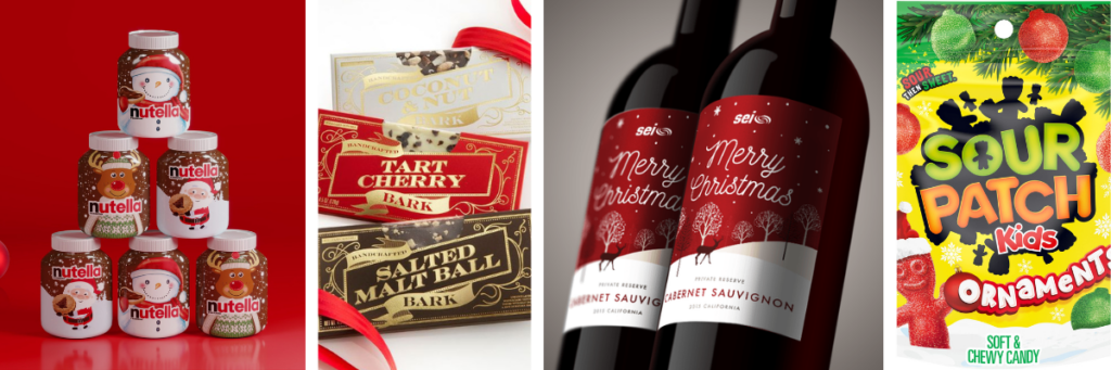 Collage image of holiday labeled products of Nutella, chocolate bars, holiday Cabernet sauvignon wine and sour patch kids 