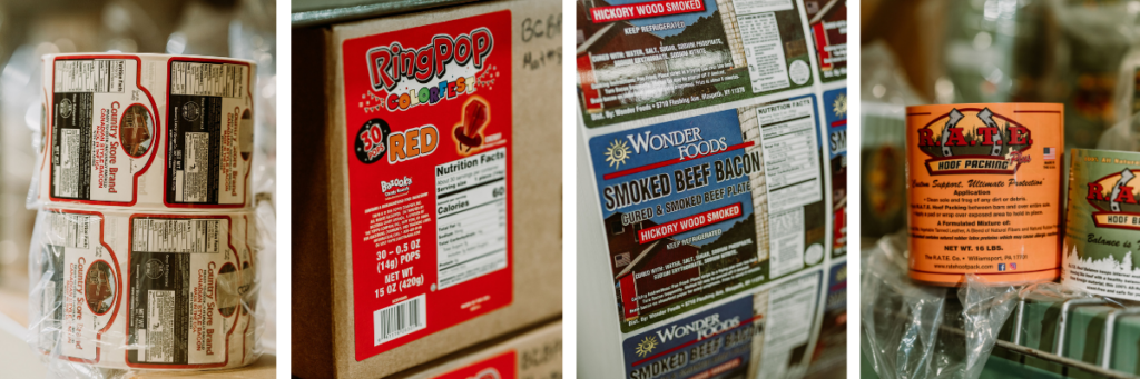 Collage of four different types of product labels for food and candy items 