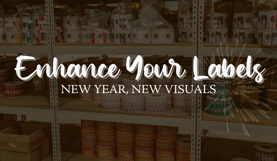 Embrace the new year with new visuals to enhance your labels banner with rolls of labels on shelves in the background