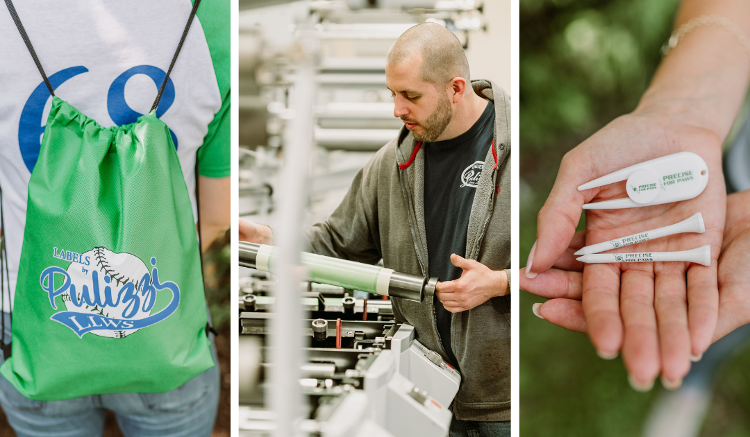 Collage of three images with an image of a sports team product draw string backpack, a man at a machine making labeled products, and a woman's hand holding a tee and divot tool