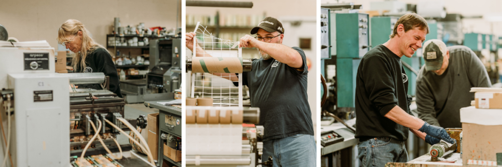 Three picture collage of Labels by Pulizzi printing machines in action