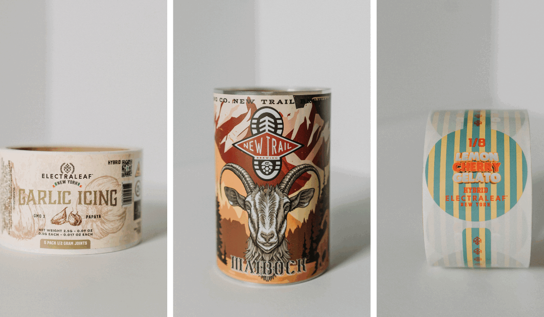 Three label pictures in a row with a tan roll of labels for garlic icing cannabis, a new trail beer label with a Maibock, and a green and yellow striped label that says lemon cherry gelato