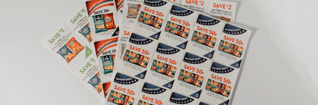 A variety of different coupon labels for different types of chips saving 50 cents, 30 cents, or $1