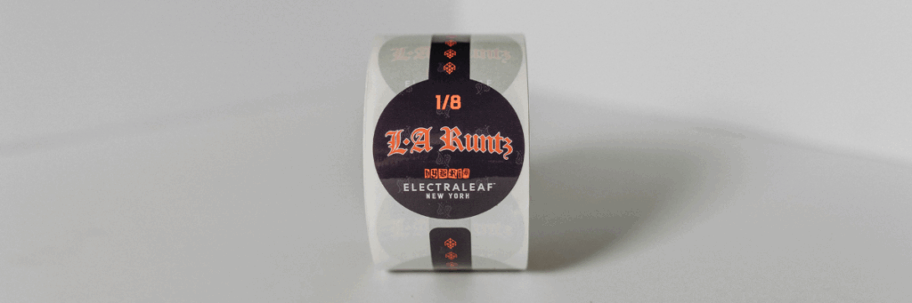 Electraleaf Custom Die-Cut Label that is black with L.A. Runtz written on the label with orange letters