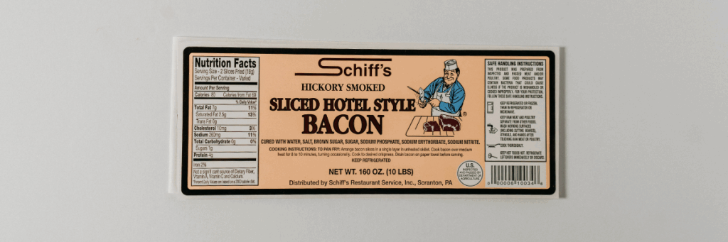 Schiff's Hickory Smoked Sliced Hotel Style Bacon waterproof product label with nutritional facts 