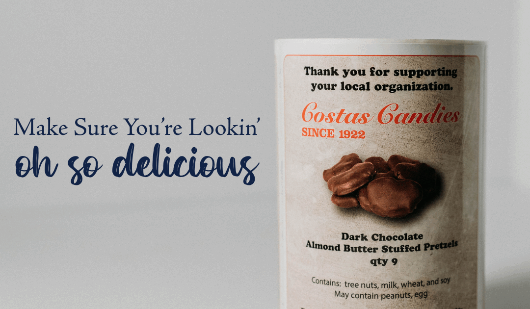 Blog banner that says "Make Sure You're Lookin' oh so delisious" featuring a label of dark chocolate almond butter stuffed pretzels off to the right side of the graphic