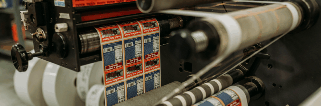 High-speed commercial label printing press producing product packaging labels for food items