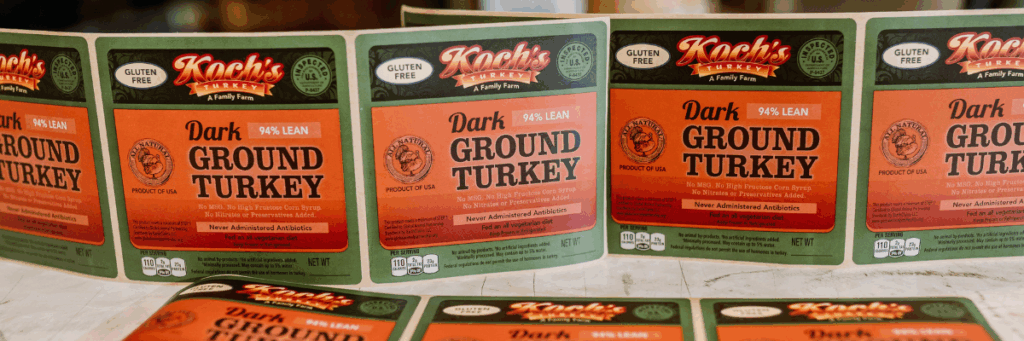 Close-up of Koch's Turkey gluten-free ground turkey product labels, showcasing food packaging design