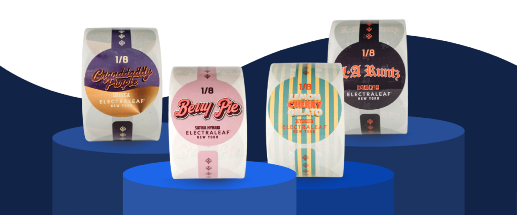 Custom printed cannabis packaging pouches for Electraleaf New York featuring premium strain branding including Granddaddy Purple, Berry Pie, Lemon Cherry Gelato, and LA Runtz.