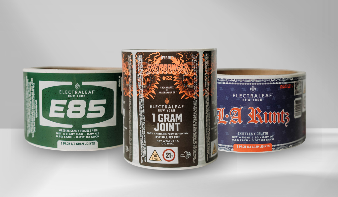 High-quality custom roll labels for cannabis flower jars by Electraleaf New York, showcasing compliant branding solutions for the Cannabis Industry.